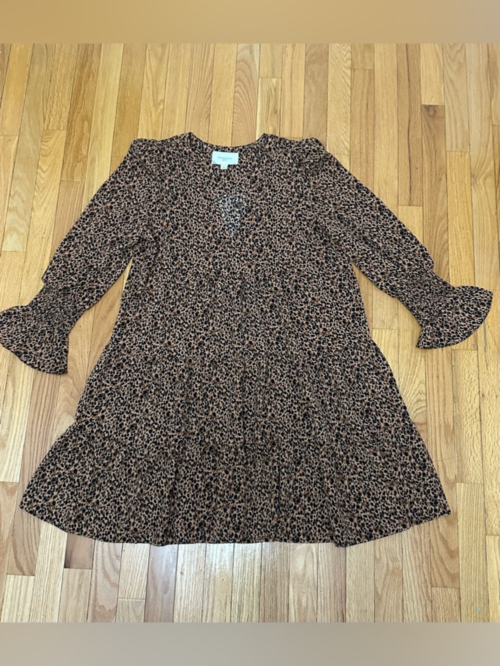 NWOT Pomander Place Brown and Black Leopard-Print Long Sleeve Tiered Dress